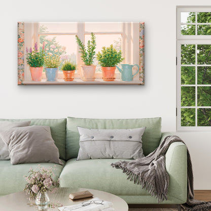 Sunny Windowsill Potted Herbs And Watering Can Coziness Interior Wall Art Canvas Office Home Room Framed 120x60cm