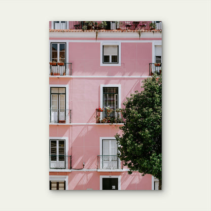Photograph Of A Pink Commercial Building Lisbon Portugal 40x60cm Metal Print Ready to Hang