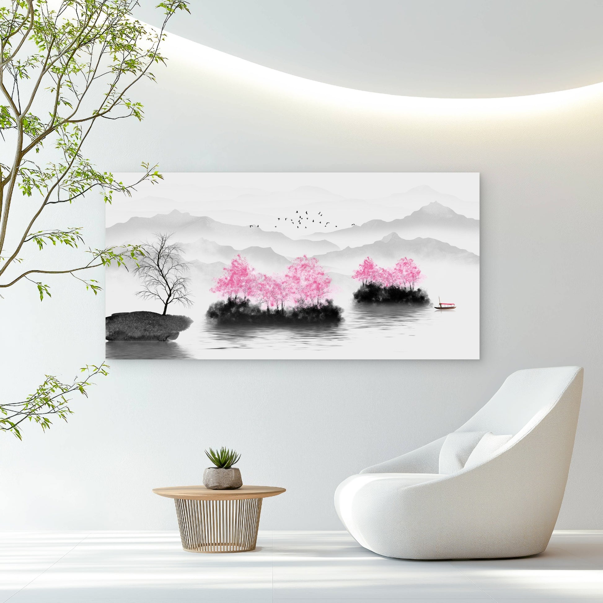 Serene Pink Blossom Landscape Wall Art Canvas Office Home Room Framed 120x60cm - Bella Home Decor
