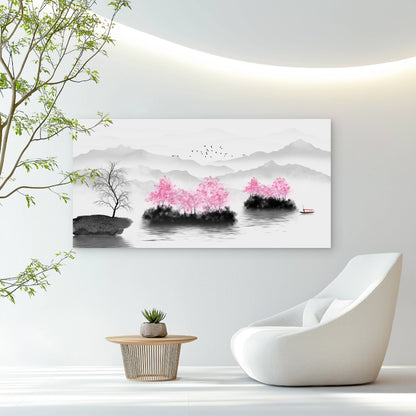 Serene Pink Blossom Landscape Wall Art Canvas Office Home Room Framed 120x60cm - Bella Home Decor