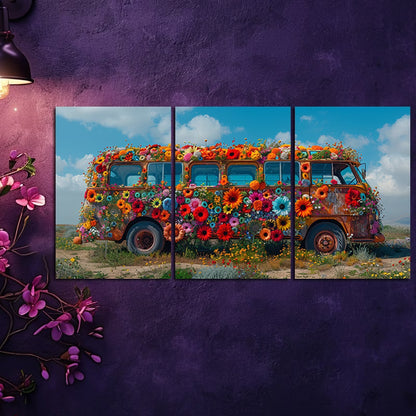 3pcs Vibrant Floral Bus Design Wall Art Set Canvas Framed 40x60cm - High Quality Print 100% Australian Made Wall Canvas Ready to Hang