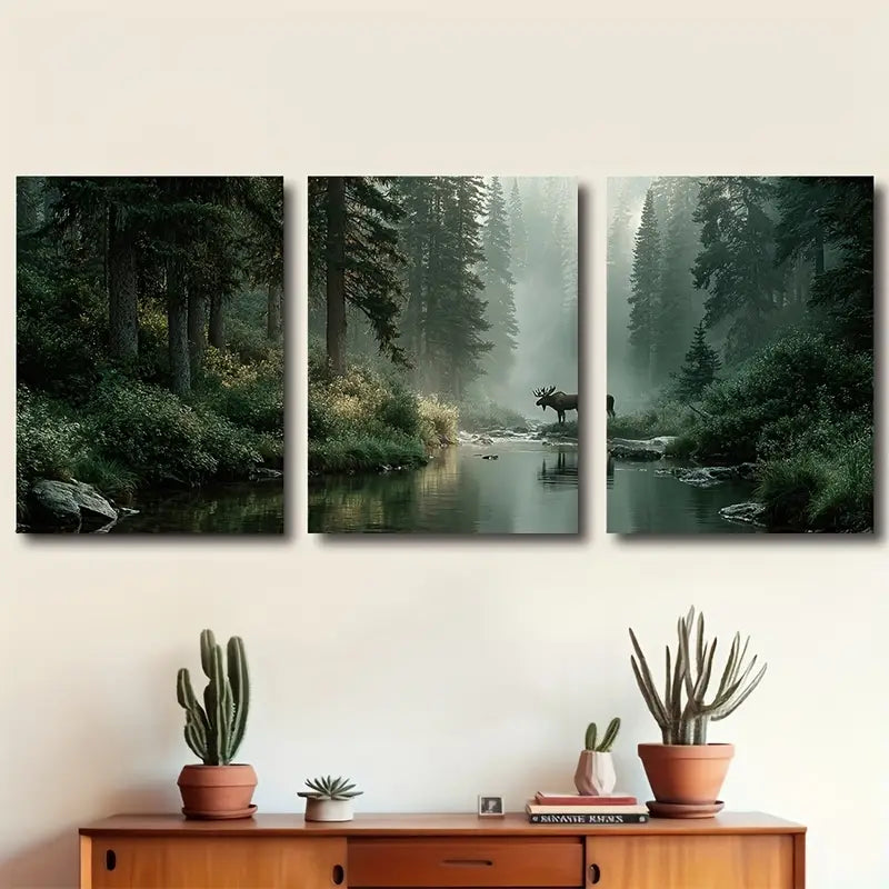 3pcs Canadian Poplar Forest Moose Scene Wall Art Set Canvas Framed 40x60cm - High Quality Print 100% Australian Made Wall Canvas Ready to Hang - Bella Home Decor