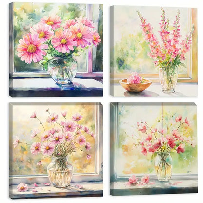 4pcs  Floral Arrangement  Glass Vase GV Wall Art Canvas Framed