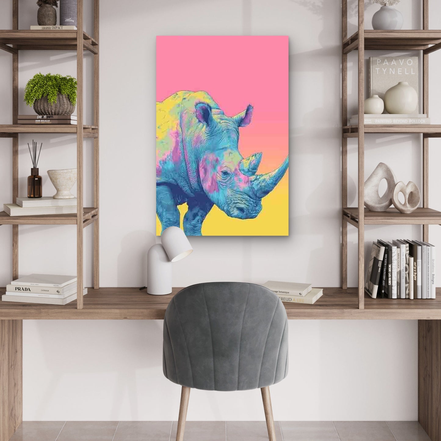 Pink, Blue, Yellow Abstract Rhino 60x90cm Metal Print Ready to Hang - Bella Home Decor