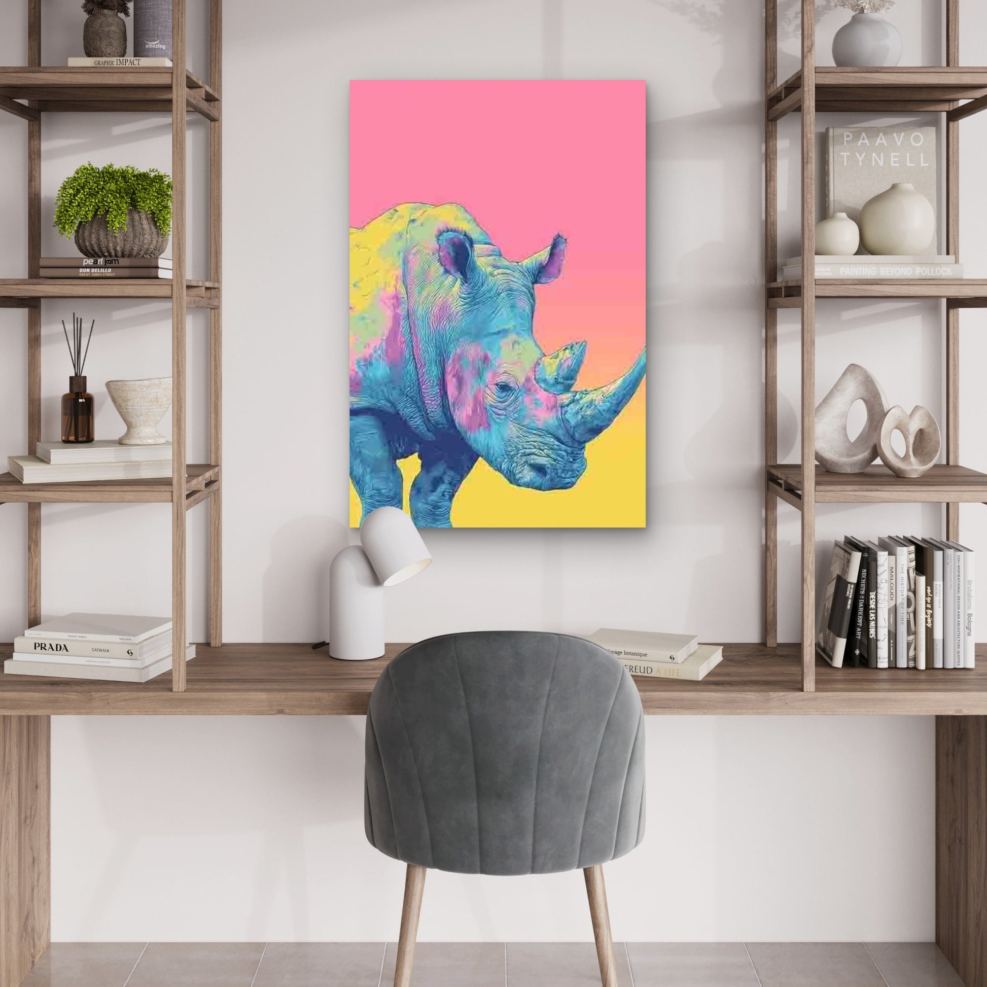Pink, Blue, Yellow Abstract Rhino 60x90cm Metal Print Ready to Hang - Bella Home Decor