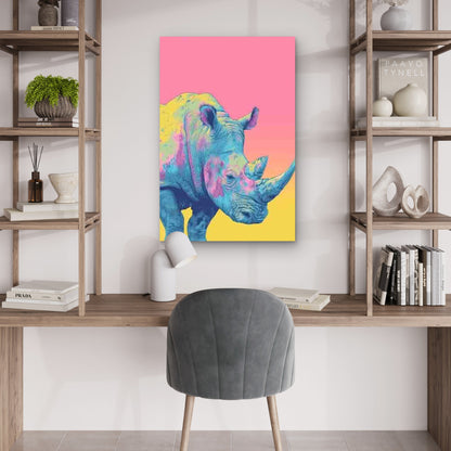 Pink, Blue, Yellow Abstract Rhino 60x90cm Metal Print Ready to Hang - Bella Home Decor