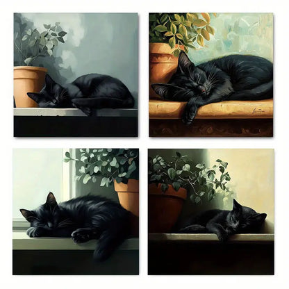 4pcs Black Cat Sitting On Windowsill With Plant Wall Art Canvas Framed