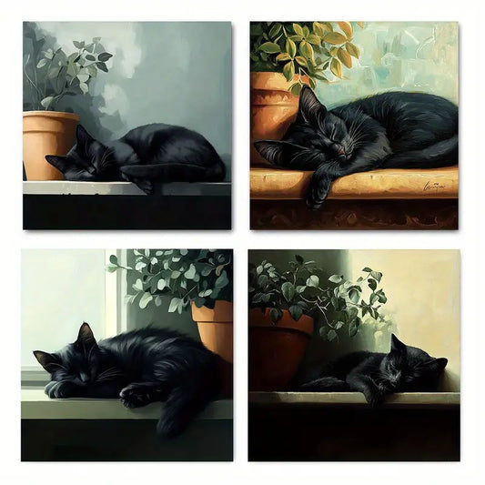 4pcs Black Cat Sitting On Windowsill With Plant Wall Art Canvas Framed