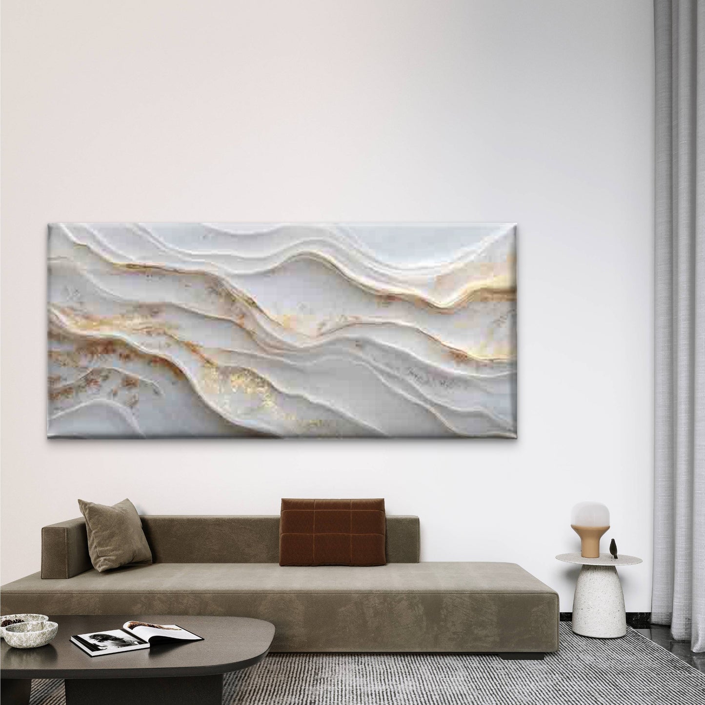 Golden Accent Abstract Wave Wall Art Canvas Office Home Room Framed 120x60cm