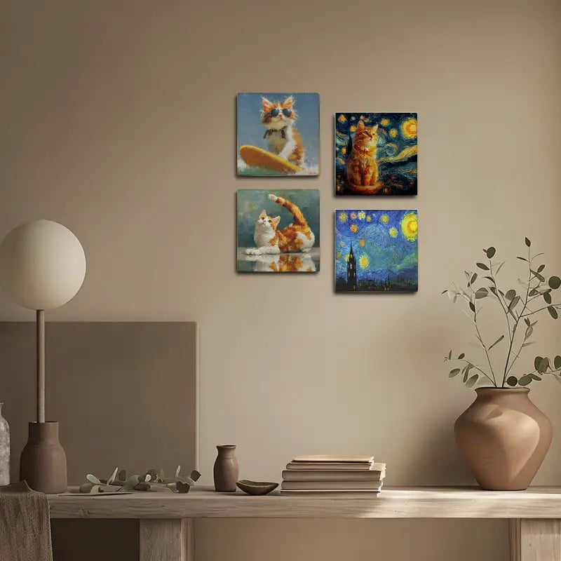 4pcs Starry Night, Surfing Cat Wall Art Canvas Framed