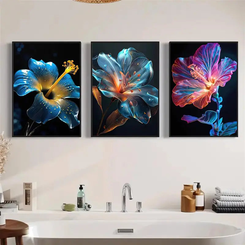3pcs Neon Glowing Crape Myrtle Flowers Metal Print Ready to Hang Art