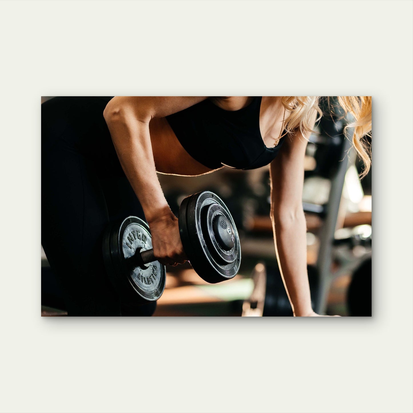 Fitness Woman One Arm Dumbbell Row Workout Close Up 5mm thick Plastic Poster Ready to Hang 90x60cm