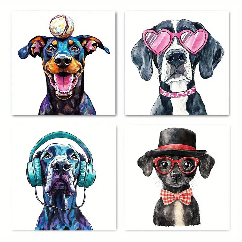 4pcs Vibrant Dog  Baseball Cap, Heart Glasses Wall Art Canvas Framed