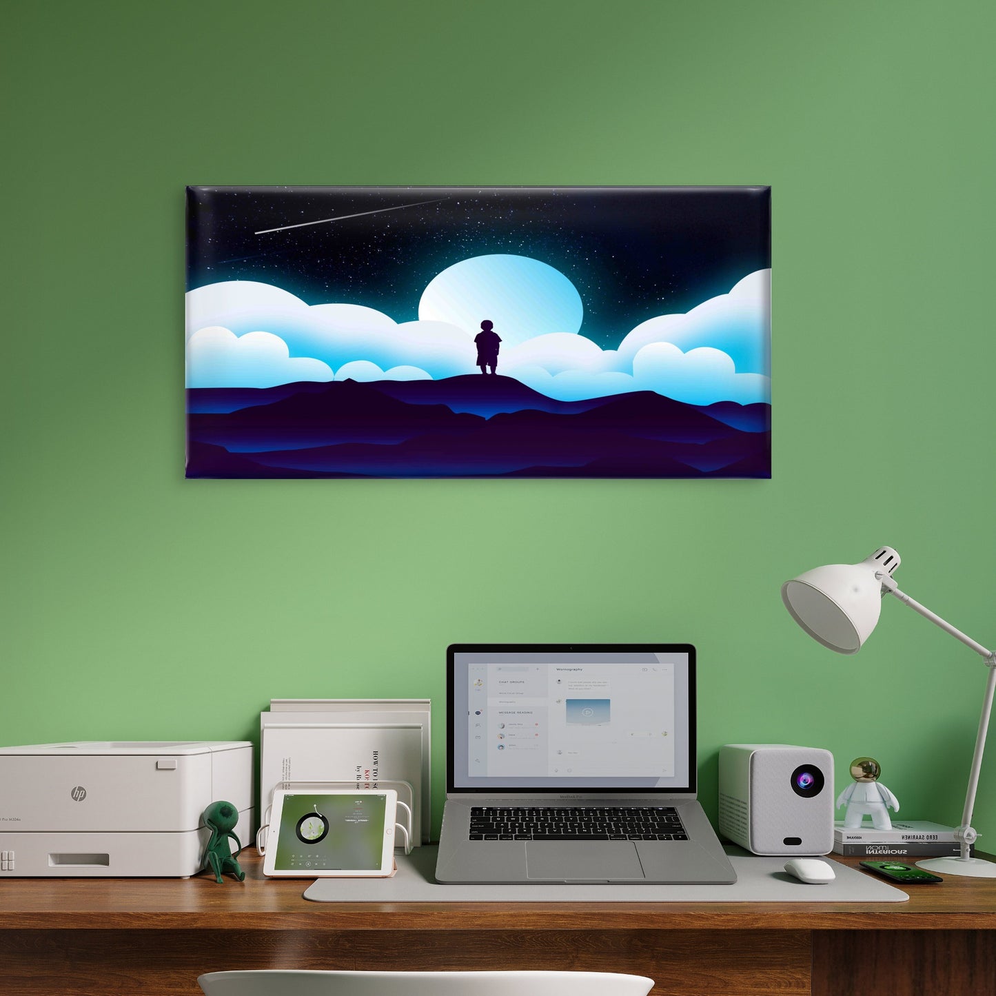 Blue Full Moon Silhouette Wall Art Canvas Office Home Room Framed 120x60cm