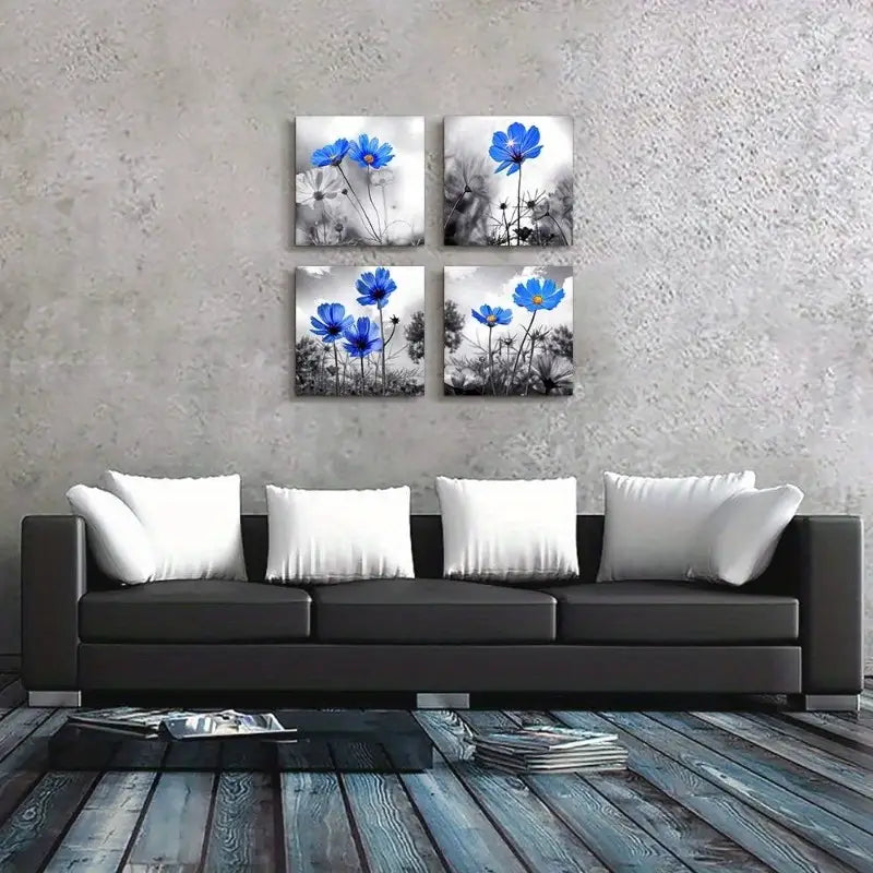 4pcs Black and White Abstract Plant Blue Flower  Wall Art Canvas Framed