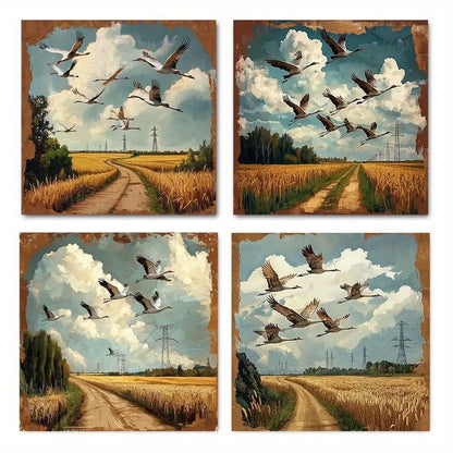 4pcs Chic Bird Flying Scene with Golden GH     Wall Art Canvas Framed