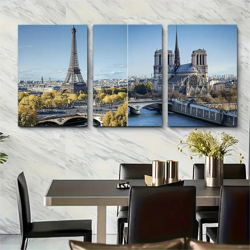3pcs  Eiffel Tower & Notre-Dame Cathedral Metal Print Ready to Hang Art - Bella Home Decor