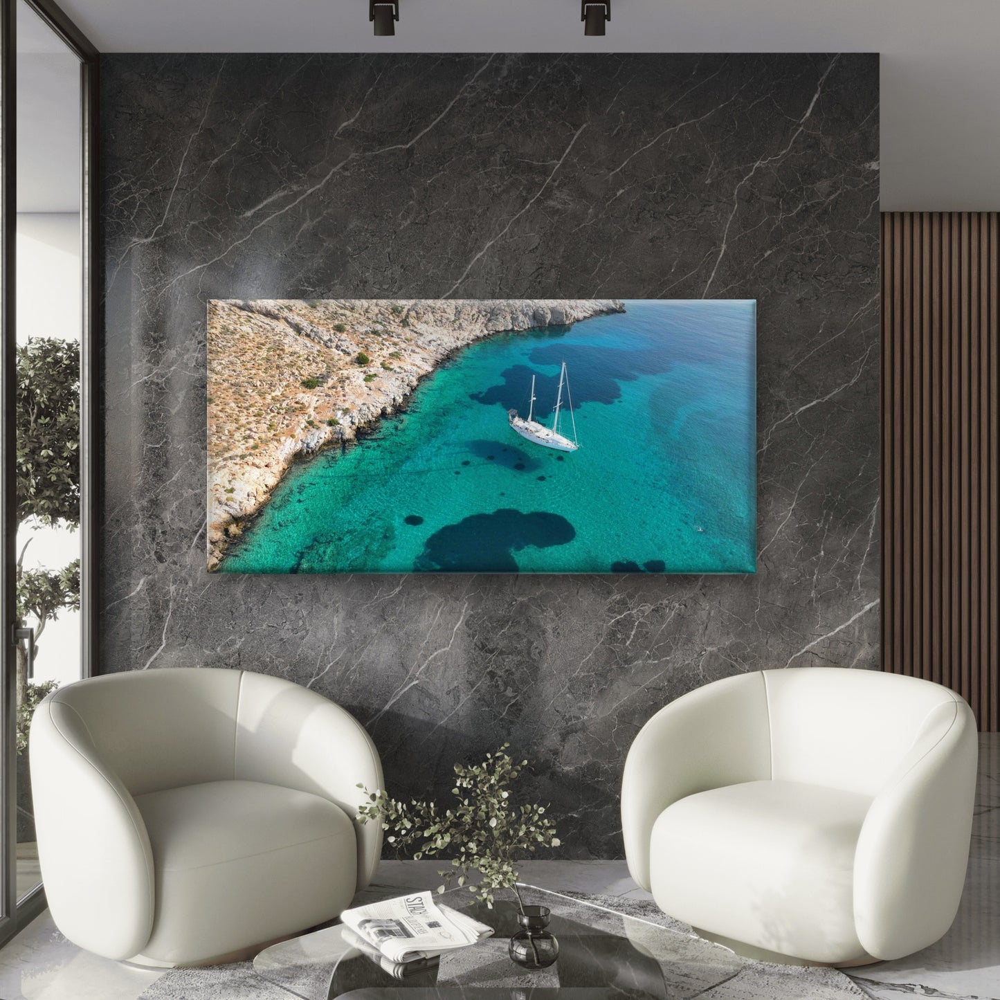 Aerial View Of Boat Along IslandWall Art Canvas Office Home Room Framed 120x60cm