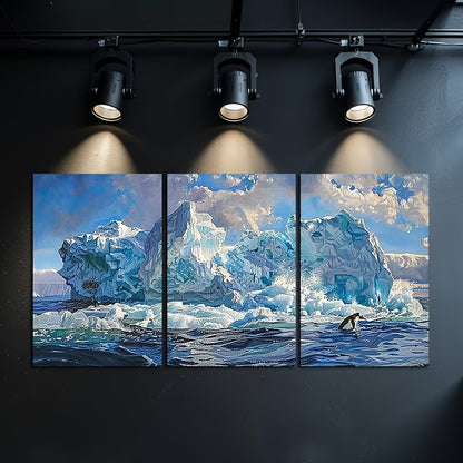3pcs Iceberg Seascape Coastal Antarctica Scenery Wall Art Set Canvas Framed 40x60cm - High Quality Print 100% Australian Made Wall Canvas Ready to Hang