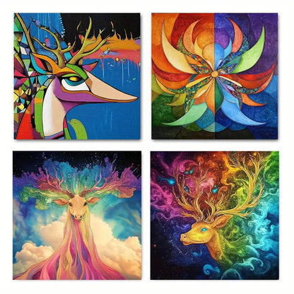 4pcs Vibrant Deer & Floral Wall Art Canvas Framed