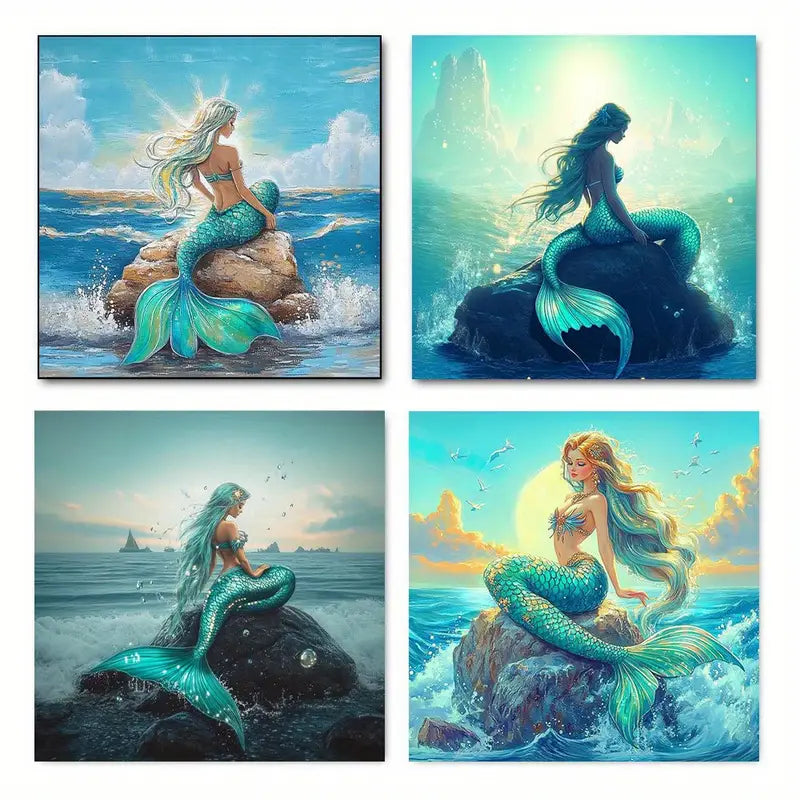 4pcs Vibrant Teal & Blue Tails Wall Art Canvas Framed