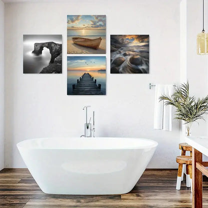 4pcs Sunset Sea And Boat Wall Art Canvas Framed