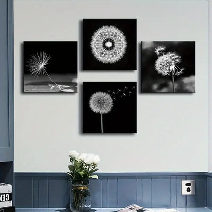 4pcs Modern Black and White  Dandelion Wall Art Canvas Framed