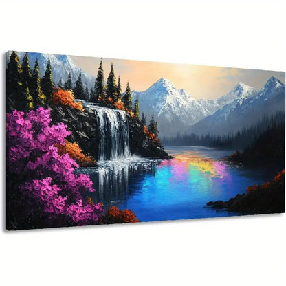 Waterfall Lake Snow-Capped Mountains & Forest Wall Art canvas office home room framed 120x60cm - Bella Home Decor