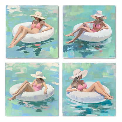 4pcs  A Woman Who Uses A Swimming Ring Wall Art Canvas Framed