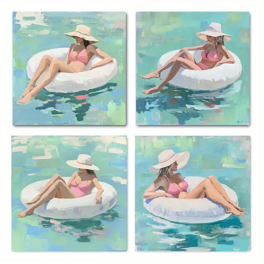 4pcs  A Woman Who Uses A Swimming Ring Wall Art Canvas Framed