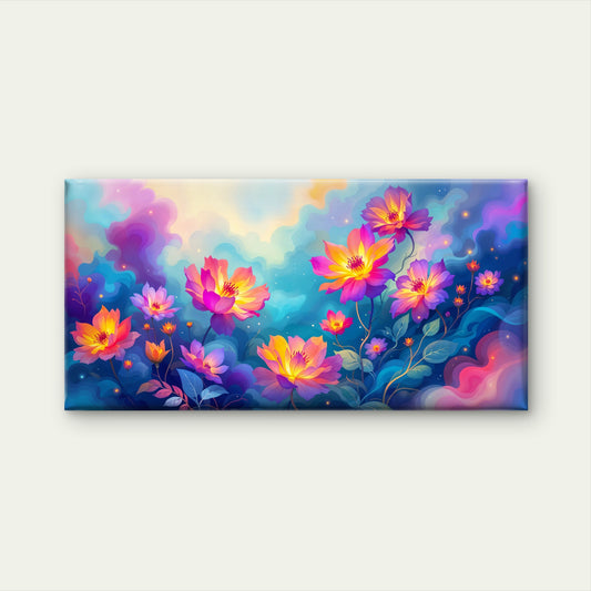 Glowing Cosmos Flowers Abstract Wall Art Canvas Office Home Room Framed 120x60cm