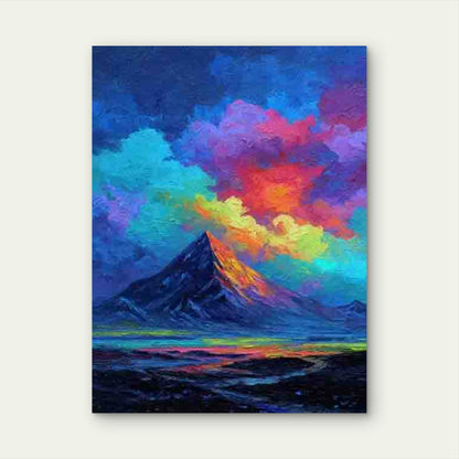 Neon Volcano Eruption Painting with Mountain Range Metal Print Ready to Hang