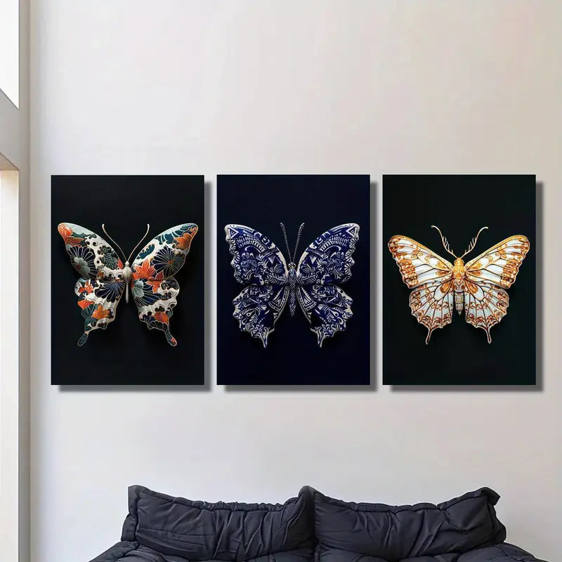 3pcs Japanese Butterfly on Black Background Wall Art Set Canvas Framed 60x90cm - High Quality Print 100% Australian Made Wall Canvas Ready to Hang