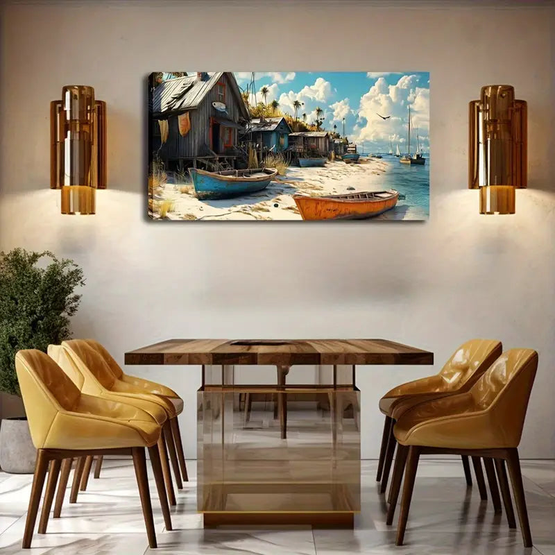 Rustic Beach House & Boat Wall Art Canvas Office Home Room Framed 120x60cm - Bella Home Decor