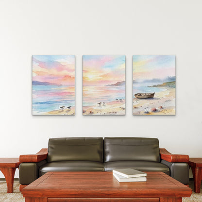3pcs Pastel Watercolor Beach Sunset Boat Wall Art Set Canvas Framed 50x70cm - High Quality Print 100% Australian Made Wall Canvas Ready to Hang - Bella Home Decor