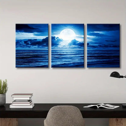 3pcs Blue Clouds Moonlit Seascape Metal Print Ready to Hang Art - Bella Home Decor