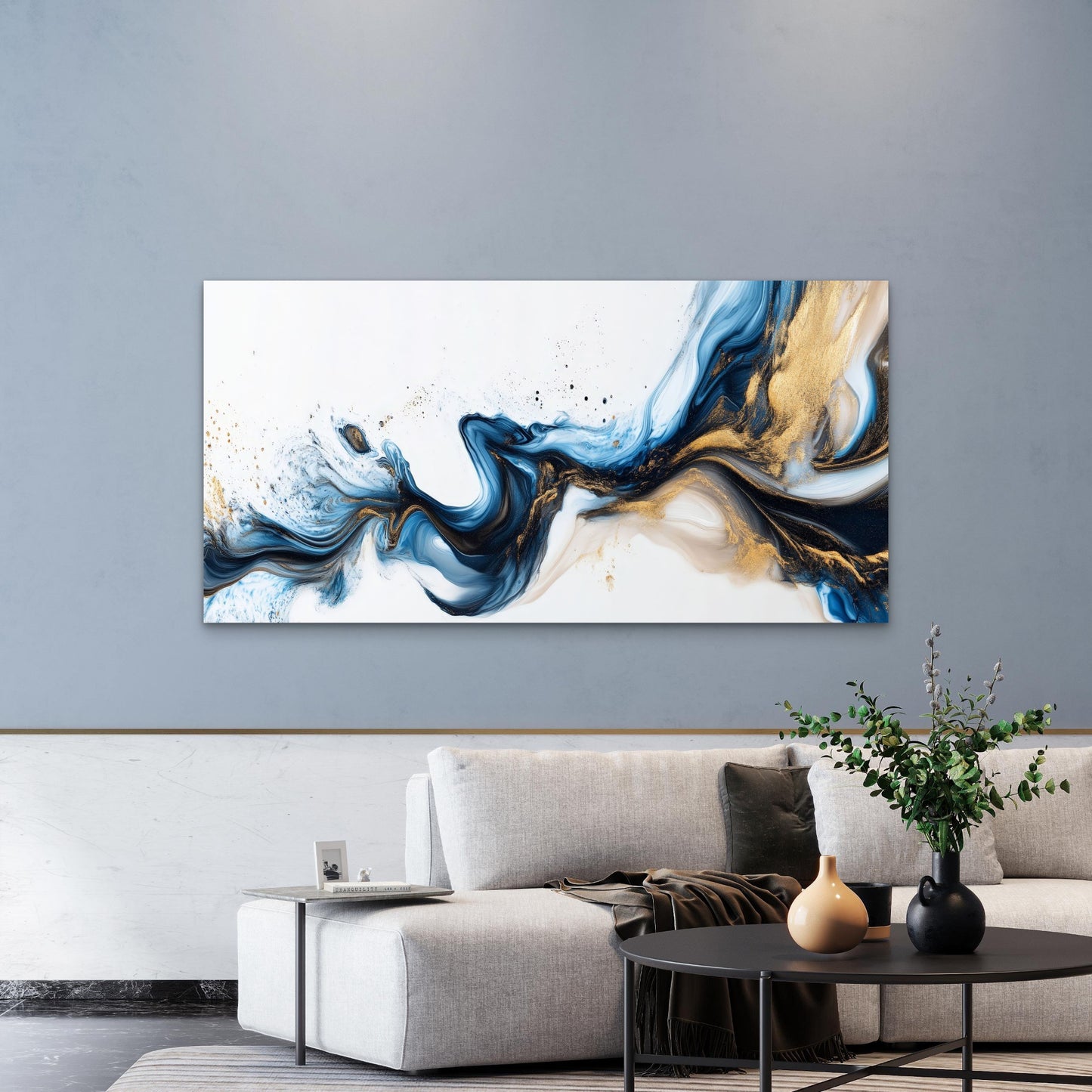 Abstract Blue Gold Swirl Wall Art Canvas Office Home Room Framed 120x60cm