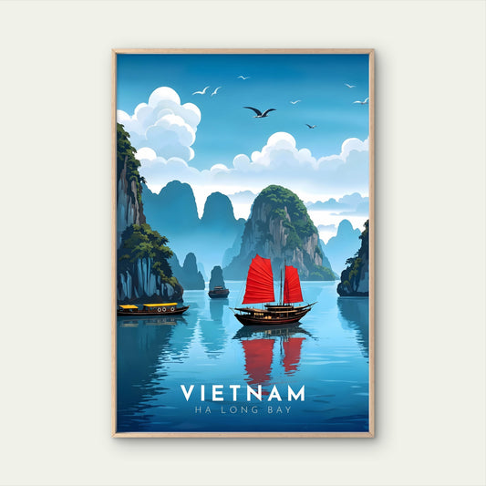 Ha Long Bay Vietnam Red Sail Junk Boat Travel Poster Print Wall Art