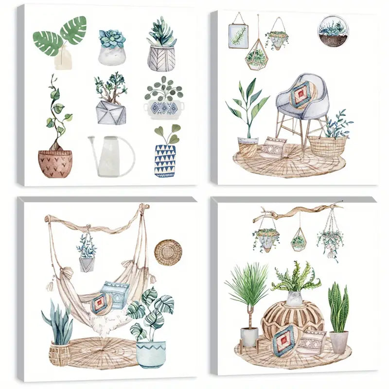 4pcs Plant  Basket & Hammock Designs    Wall Art Canvas Framed