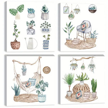 4pcs Plant  Basket & Hammock Designs    Wall Art Canvas Framed