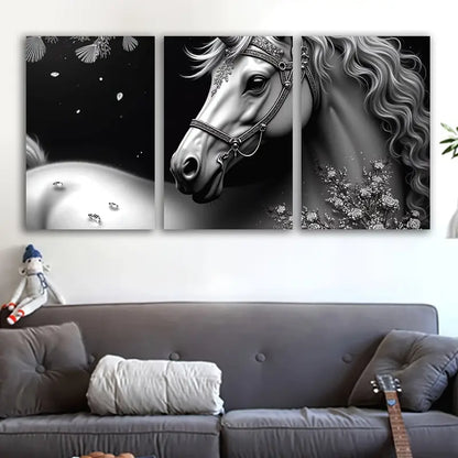 3pcs Black and White Horse Floral Accent Wall Art Set Canvas Framed 40x60cm - High Quality Print 100% Australian Made Wall Canvas Ready to Hang - Bella Home Decor