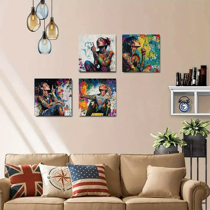 4pcs  Colorful Graffiti Women Paintings   Wall Art Canvas Framed