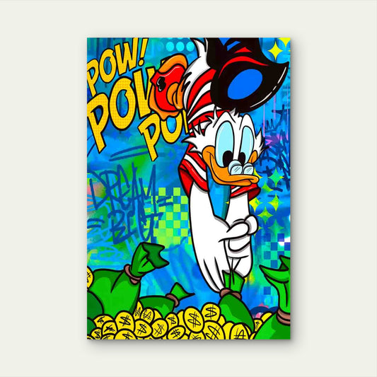Wealthy Cartoon Duck Counting Gold Coins 40x60cm Metal Print Ready to Hang
