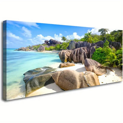 Beach Tropical Coconut Trees Sandy Shore Turquoise Waters & Lush Greenery Wall Art canvas office home room framed 120x60cm - Bella Home Decor