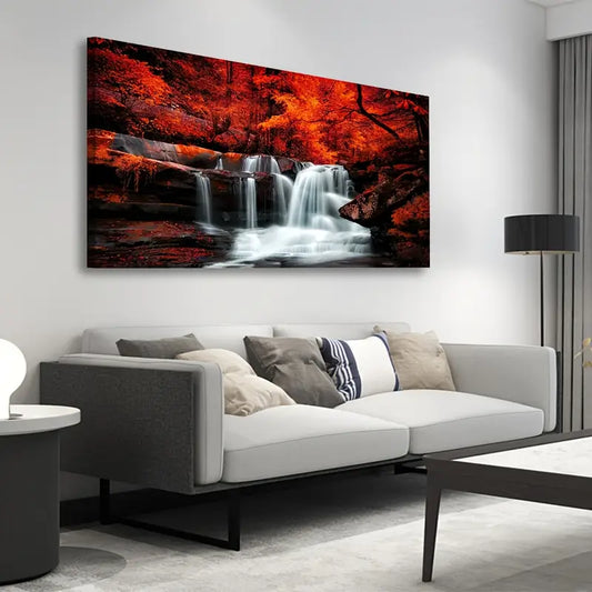 Waterfall Autumn Forest Red Forest Wall Art canvas office home room framed 120x60cm - Bella Home Decor