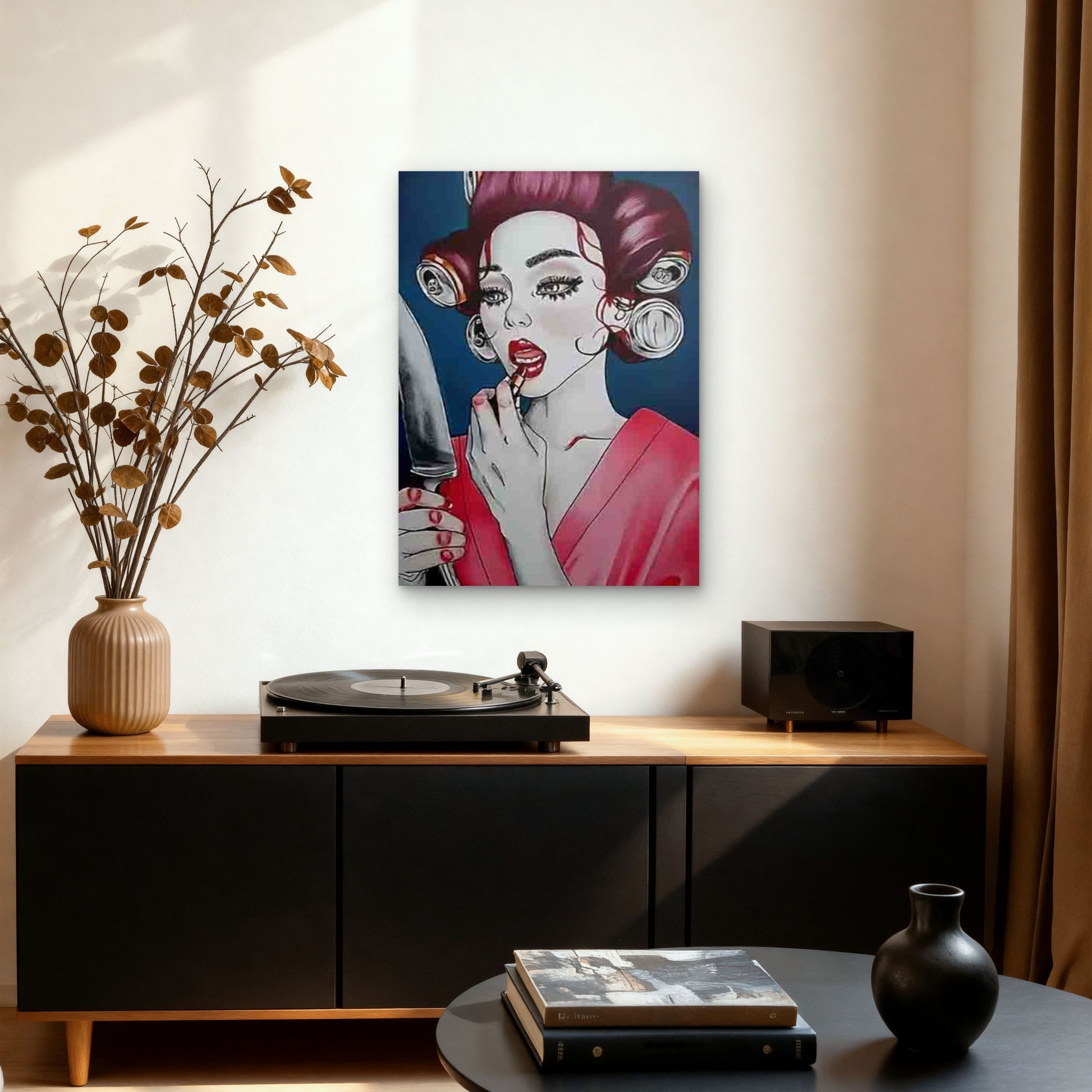Classic Red Lips & Curly Hair Portrait Metal Print Ready to Hang - Bella Home Decor