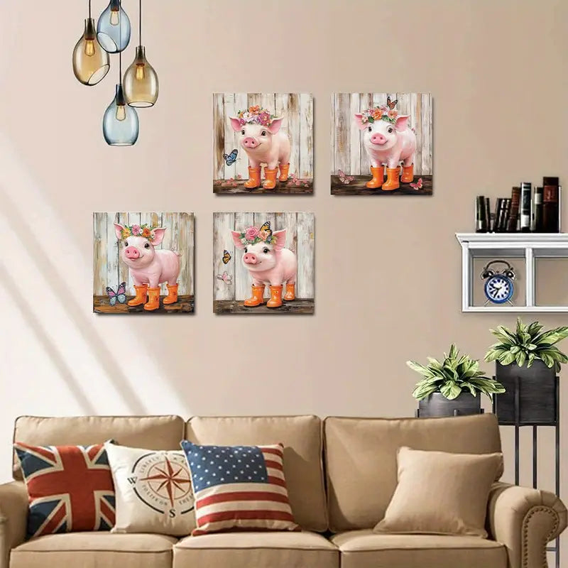4pcs Funny Piggy And Pink Butterfly Pig Pictur  Wall Art Canvas Framed