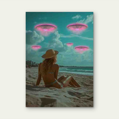 Woman on the Beach Looking at Pink UFOs 40x60cm Metal Print Ready to Hang