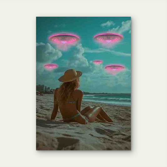 Woman on the Beach Looking at Pink UFOs 40x60cm Metal Print Ready to Hang