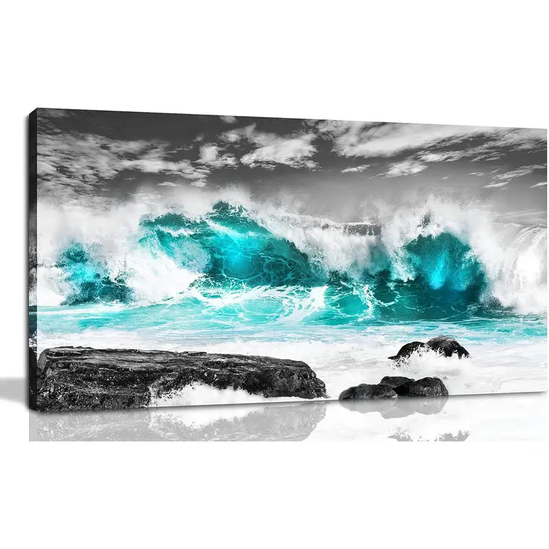 Beach Coastal White Clouds Black Stones Wall Art canvas office home room framed 120x60cm - Bella Home Decor